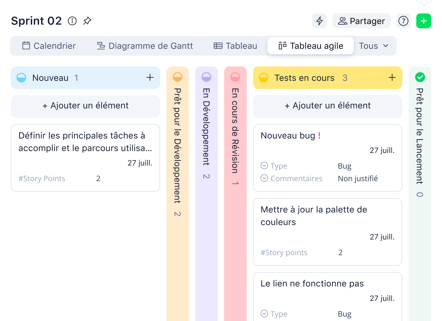 Tableau Kanban Agile montrant les colonnes Backlog, À faire, En cours, Test et Terminé.