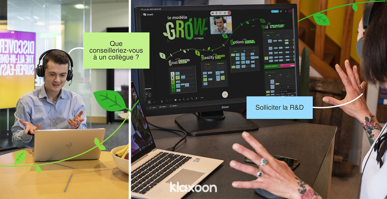 Un manager coache un membre de son équipe à distance, grâce au modèle GROW. | Klaxoon