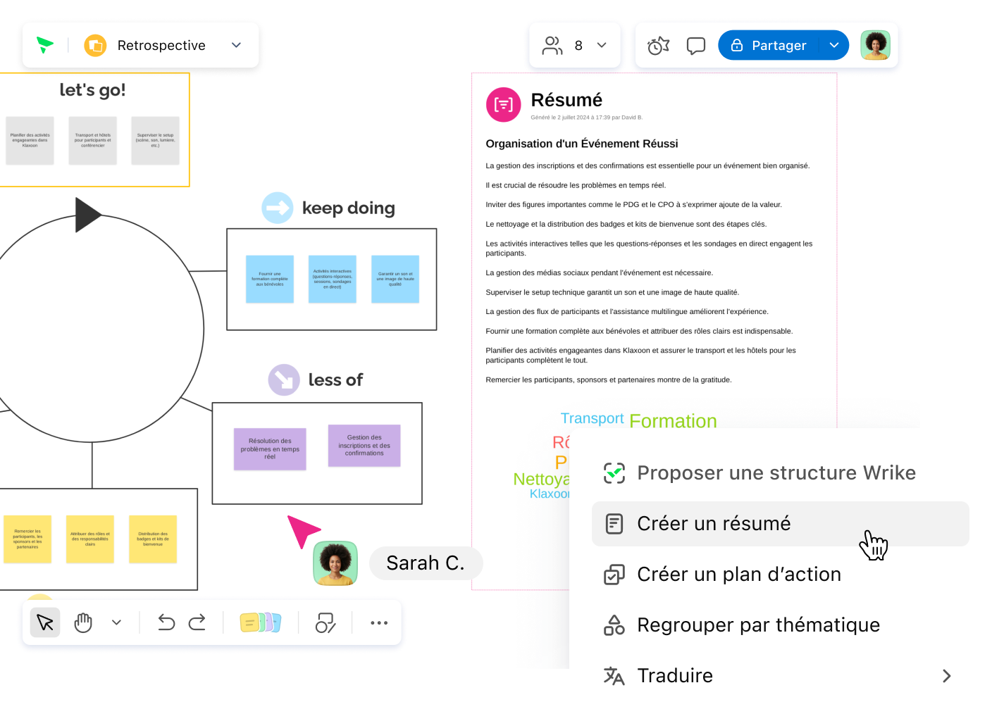 Interface Klaxoon affichant résumé IA, points clés et options de collaboration.