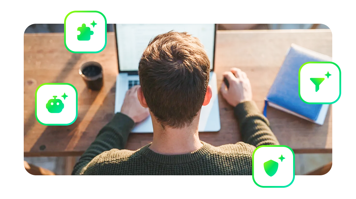 Thin line icons for AI agents representing automation, communication, analytics and organization.