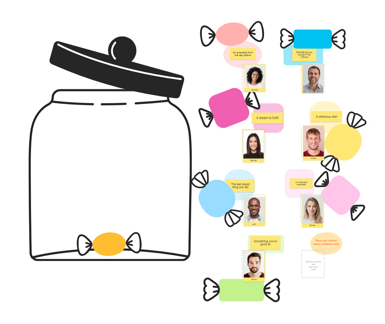 Team members added their photos and discovered the messages hidden in the colorful candies. | Klaxoon