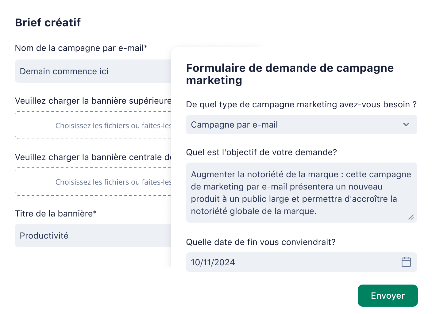 Formulaire de demande : brief créatif et campagne marketing.