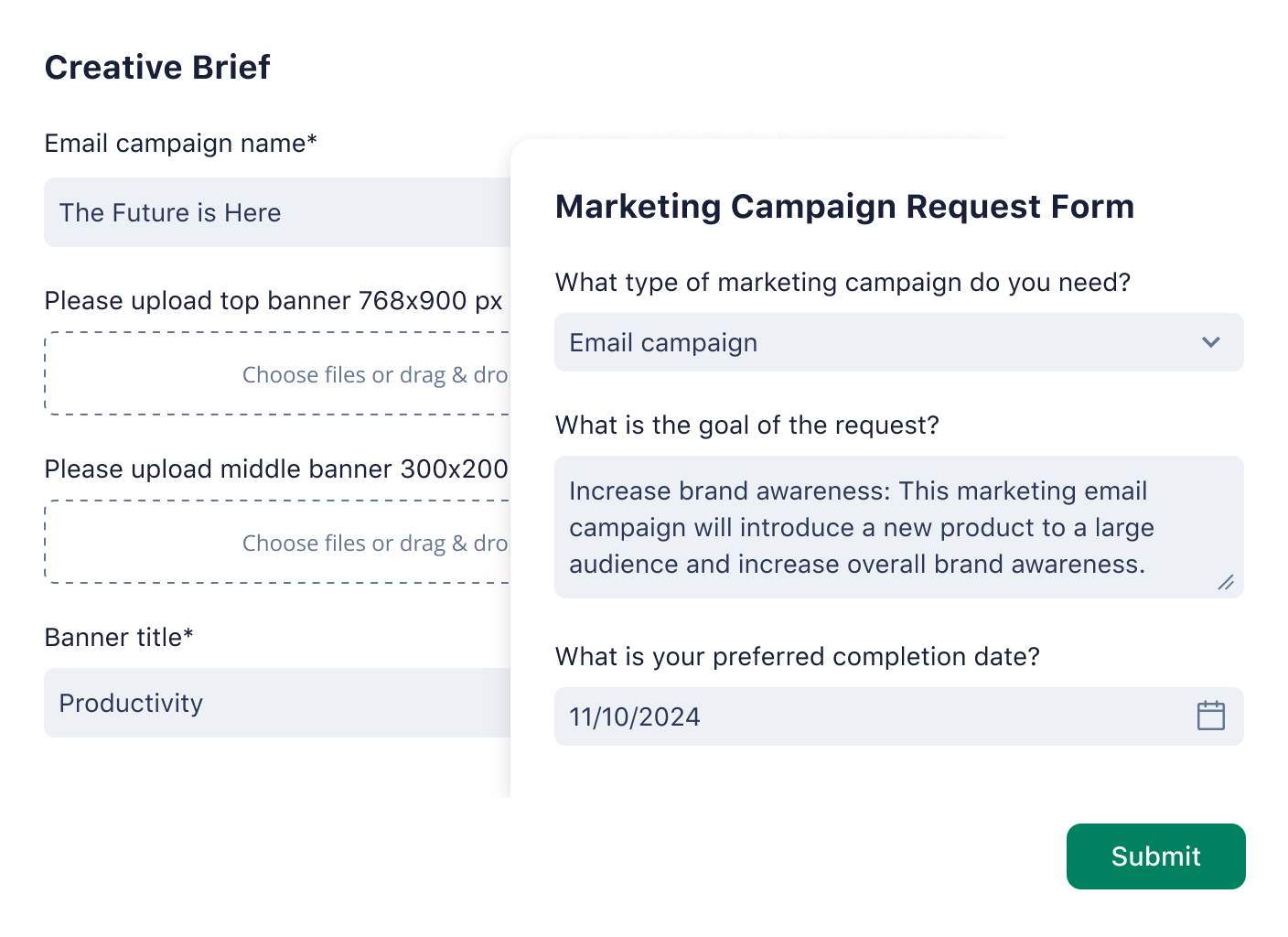 Request form and creative brief for marketing campaign screenshot.