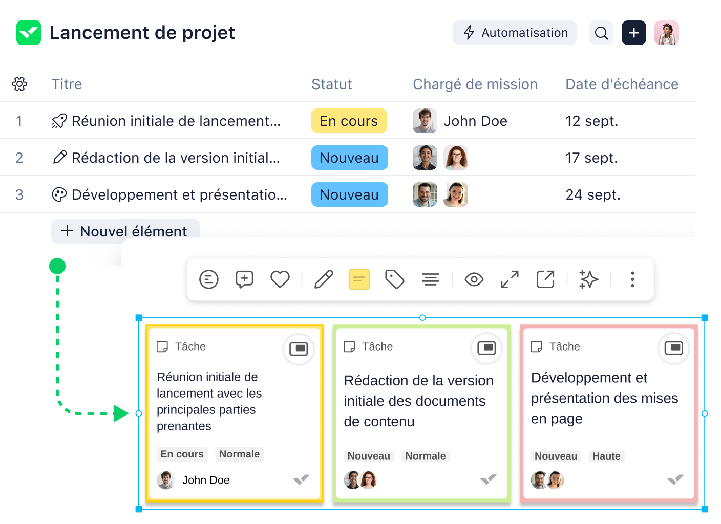 Fenêtre d’import de tâche Wrike vers un board Klaxoon avec options de configuration.