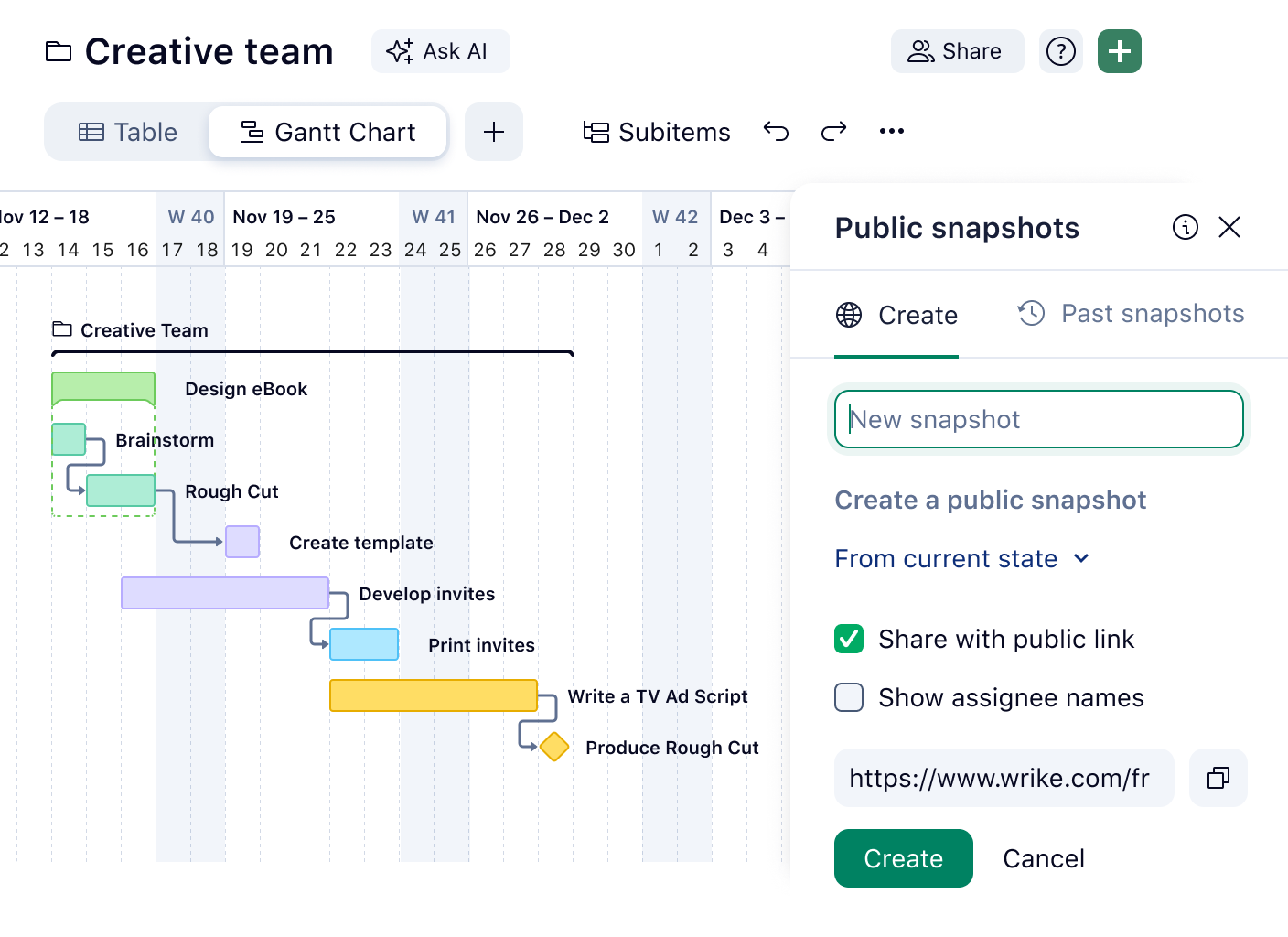Wrike Gantt Chart Snapshots interface showing snapshot list and project timeline view.