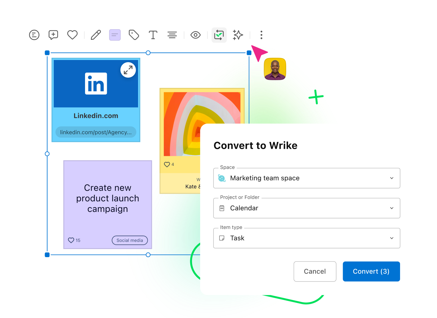 Klaxoon conversion interface showing export options and task list.