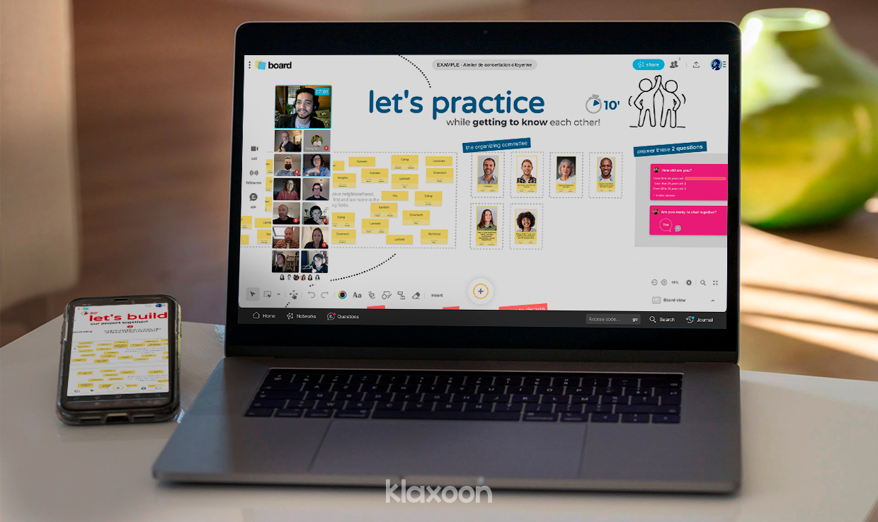 A group of people working remotely and sharing their ideas on the Citizen Consultation Workshop. | Klaxoon