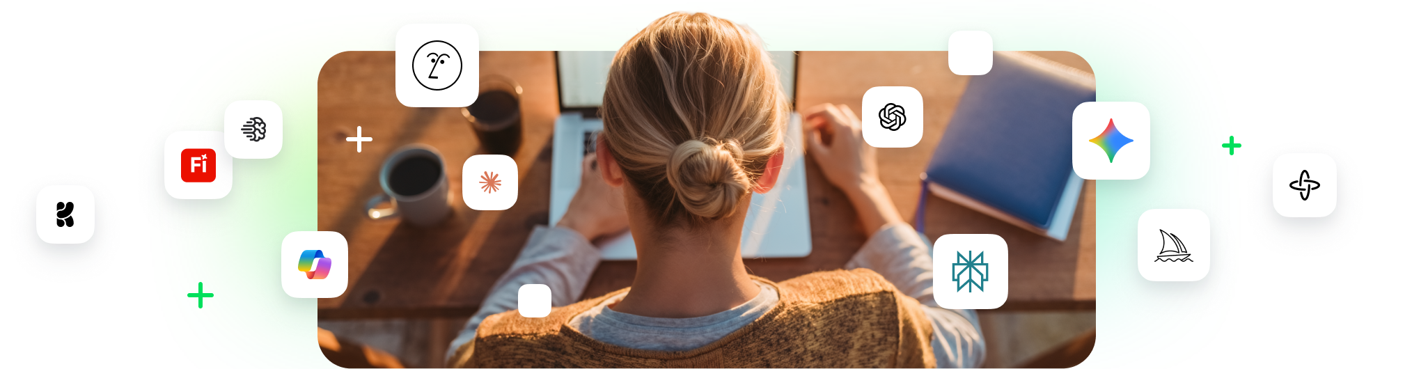 AI-powered tools graphic with automation, analytics and collaboration icons.