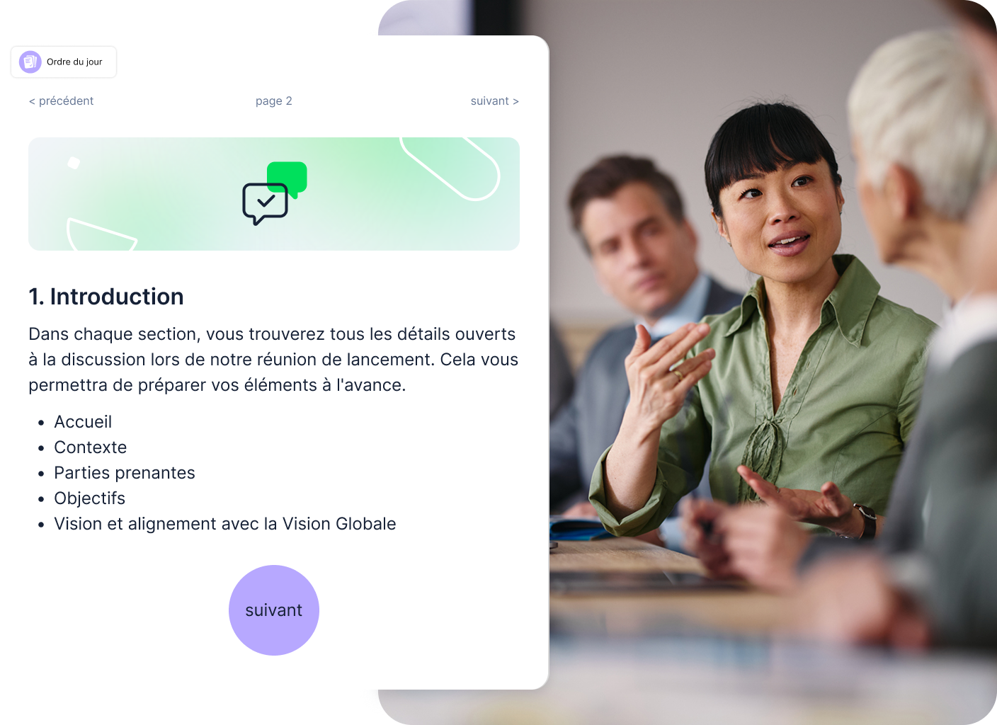 Interface Mémos avec liste de notes et aperçu de note.