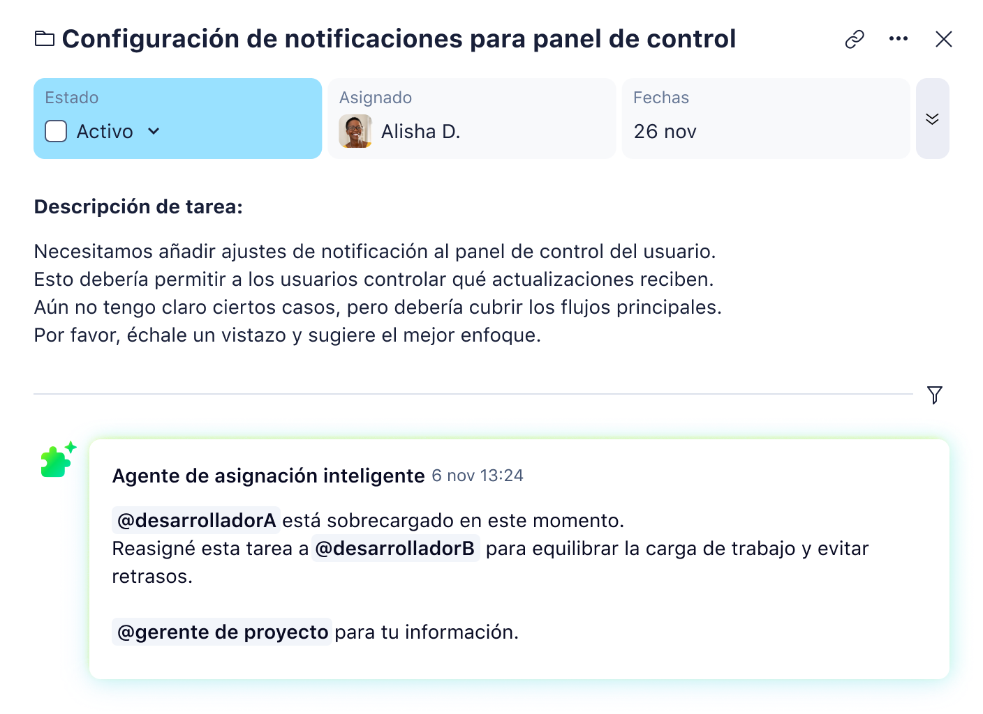 Panel de asignación de tareas de agentes IA en Wrike con lista de tareas y detalles de proyecto.