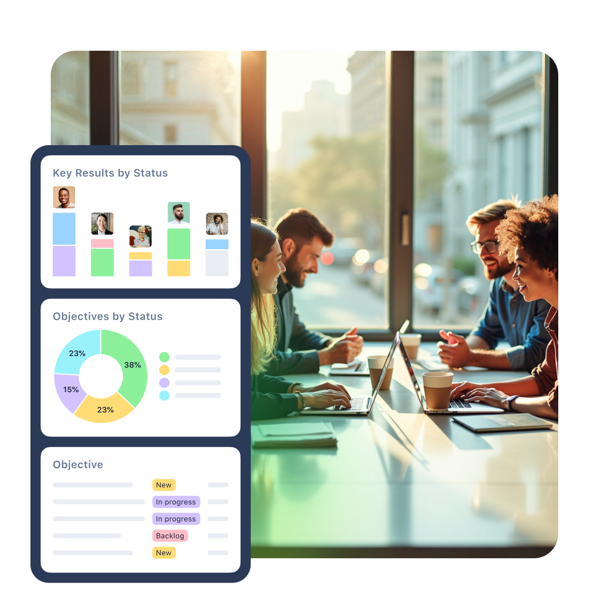 Professional teams collaborating on enterprise project management software interface.