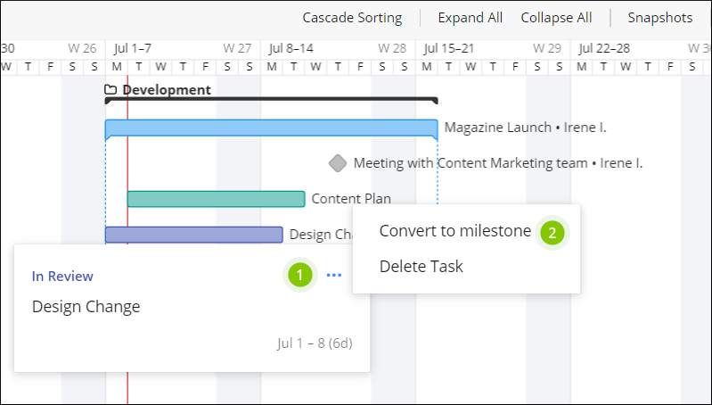 Wrike milestone chart showing project milestones as diamond icons along timeline.