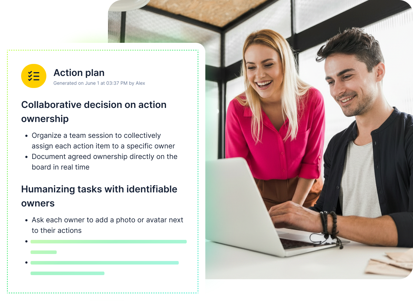 AI Action Plan dashboard showing task cards, timelines and collaboration tools.