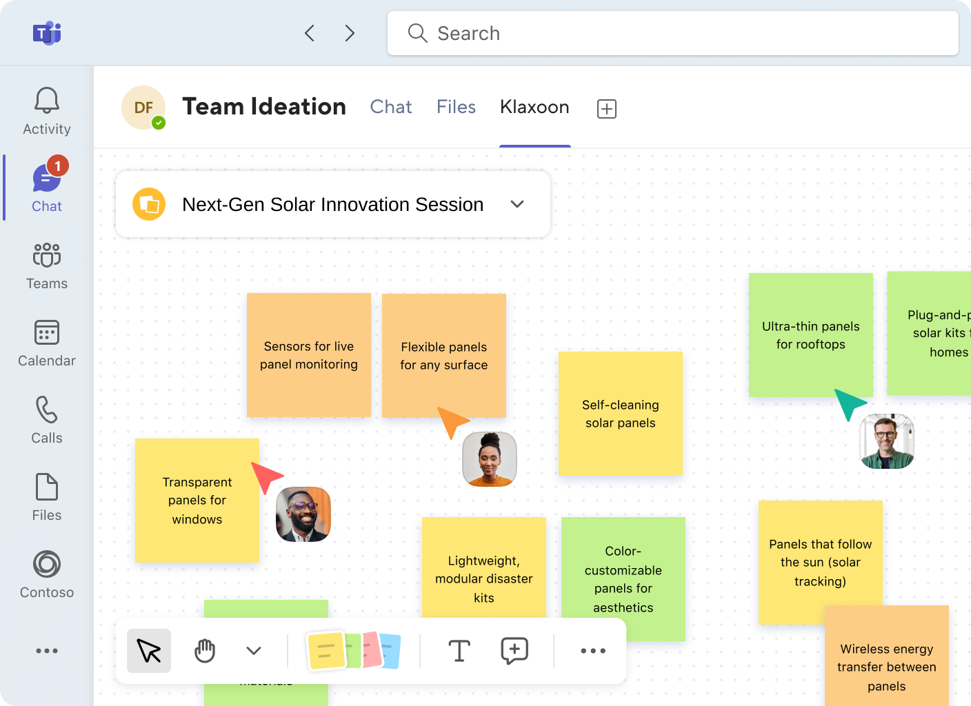 Klaxoon whiteboard with sticky notes integrated into Microsoft Teams interface.