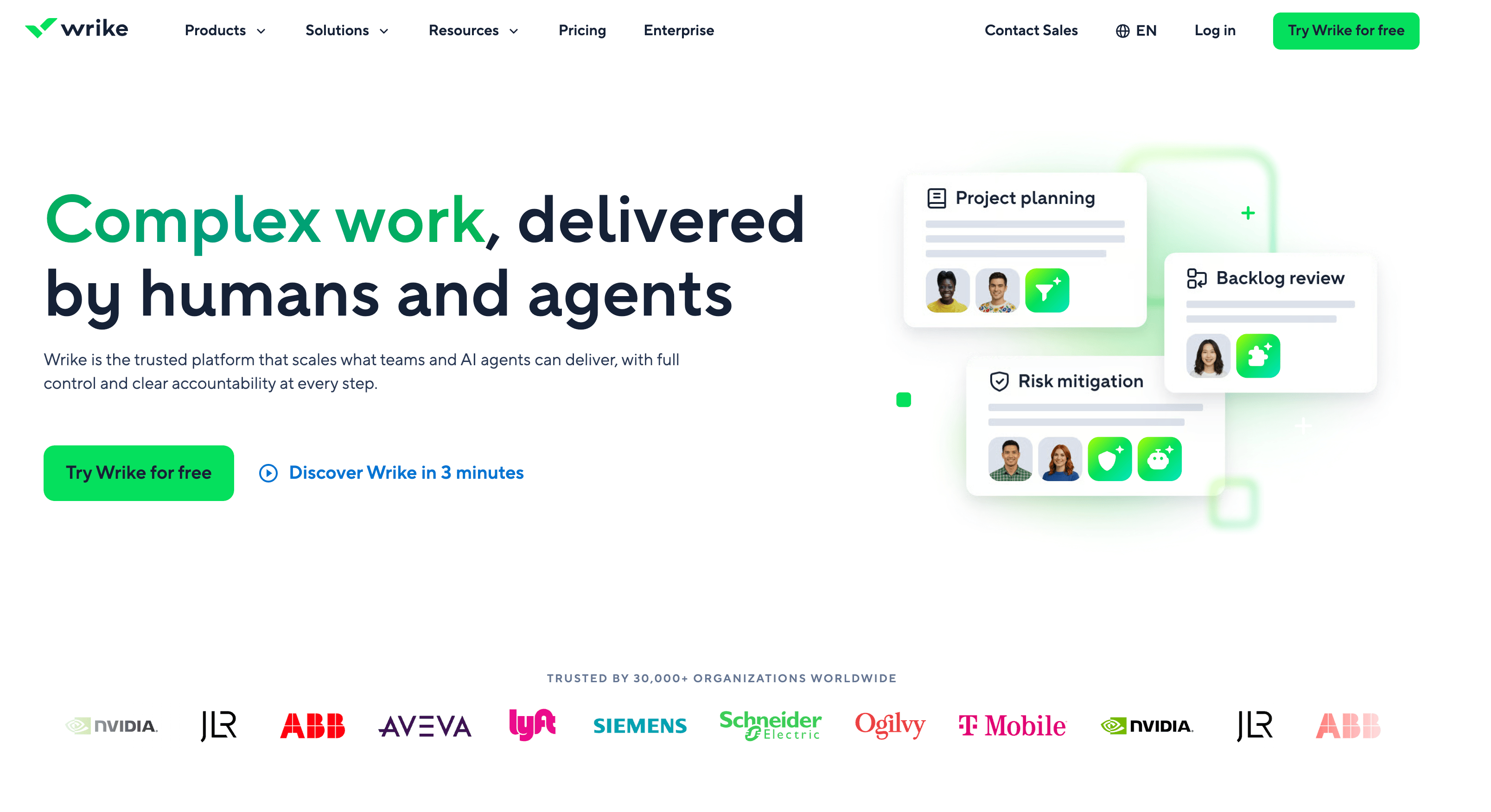Wrike homepage with project management dashboard, task lists and analytics panels.