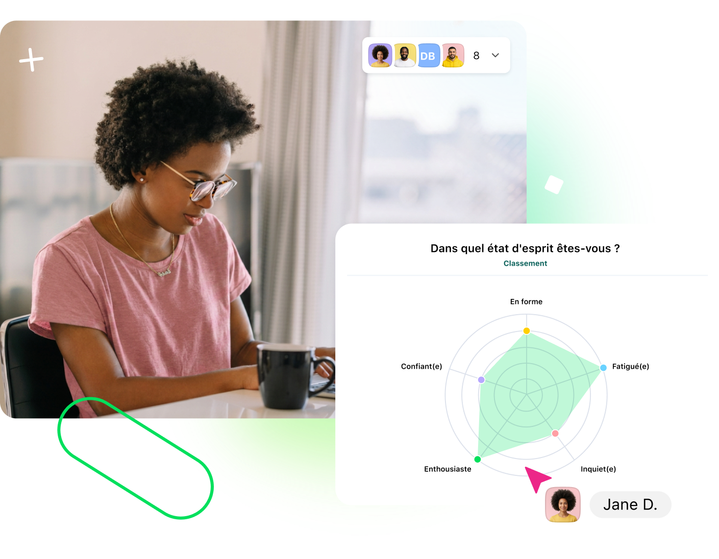 Interface Klaxoon Feedback avec tableau de bord, questions, réponses et statistiques.