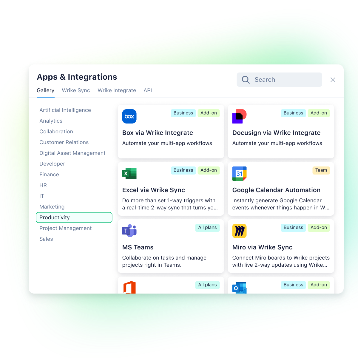 Wrike Integrate dashboard showcasing app connections and workflow automation.