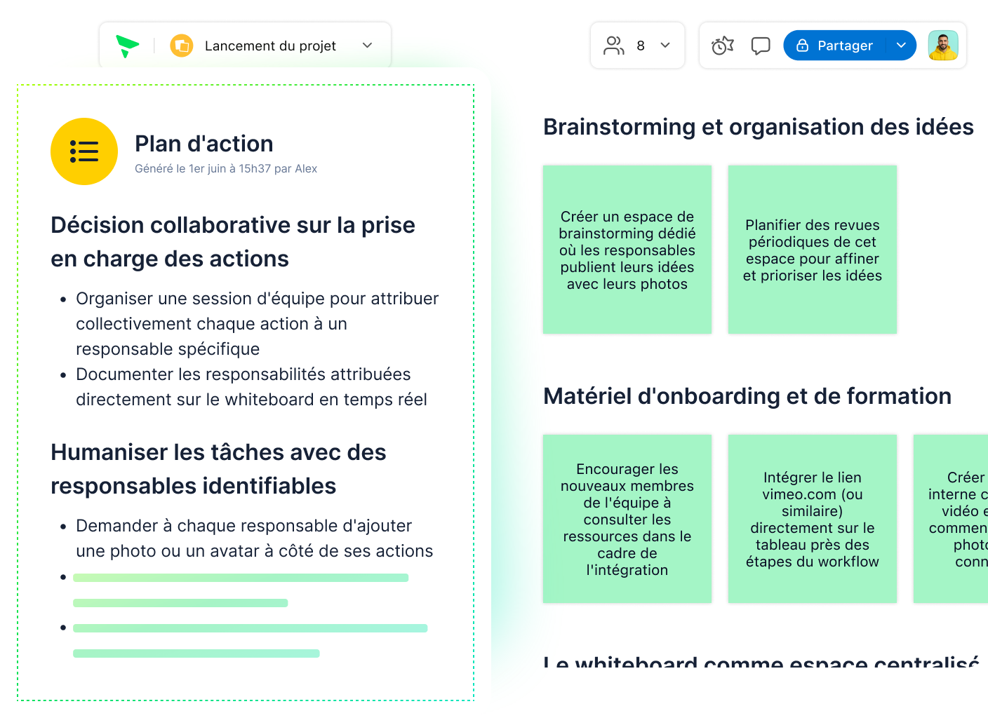 Interface Plan d'action IA Klaxoon montrant tableau de tâches.
