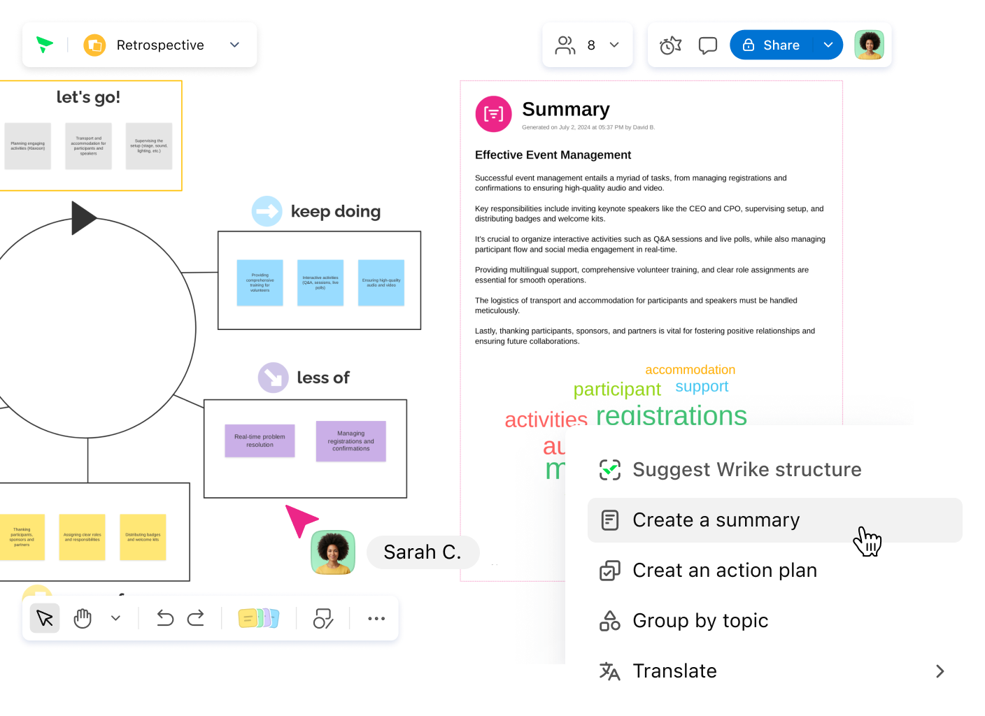 Klaxoon AI Summary dashboard showing meeting notes and action items.