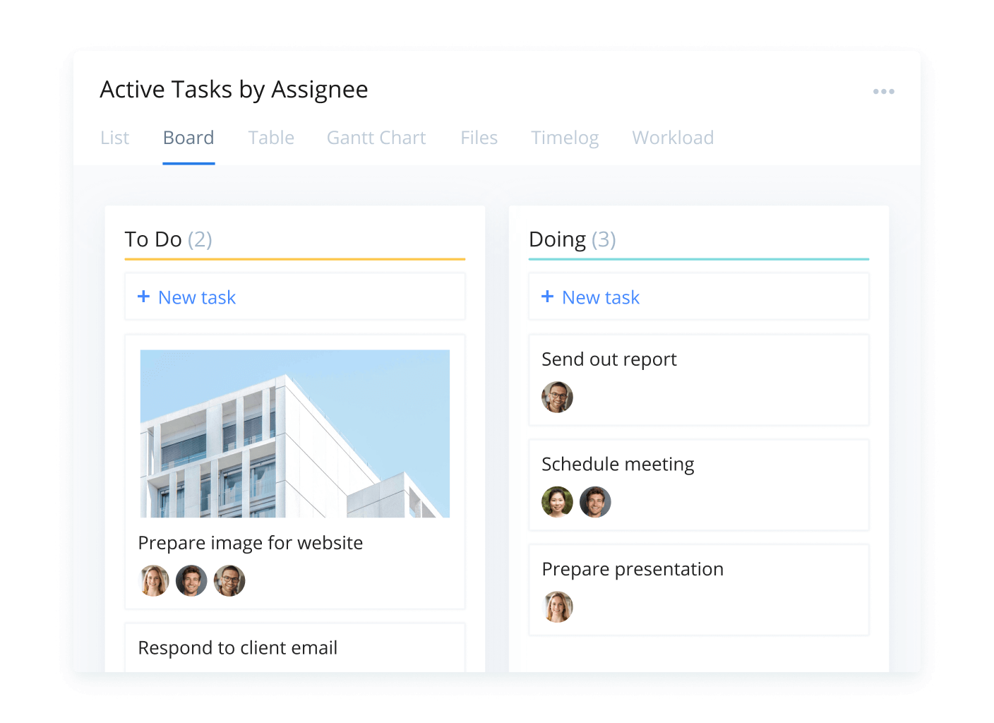 Wrike Boards interface showing Kanban-style columns with task cards and filters panel.