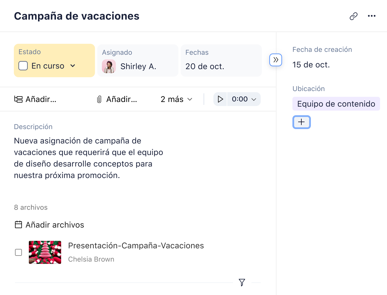 Panel de etiquetas compartidas en Wrike para organizar campaña navideña.