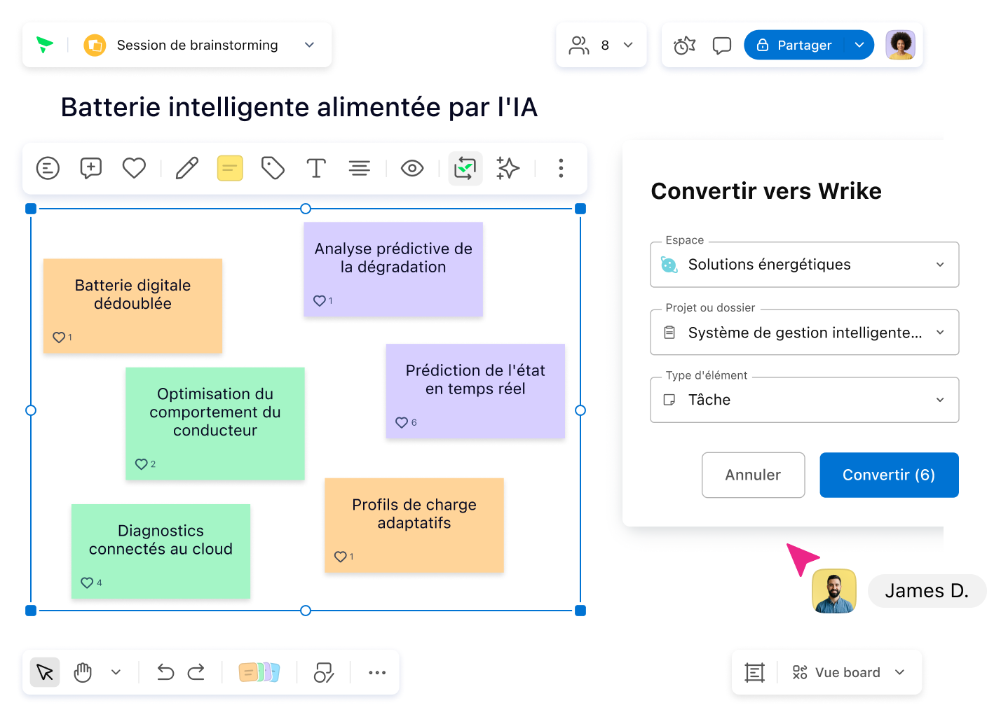 Tableau blanc collaboratif du cycle de vie produit avec post-it, cartes et frise.