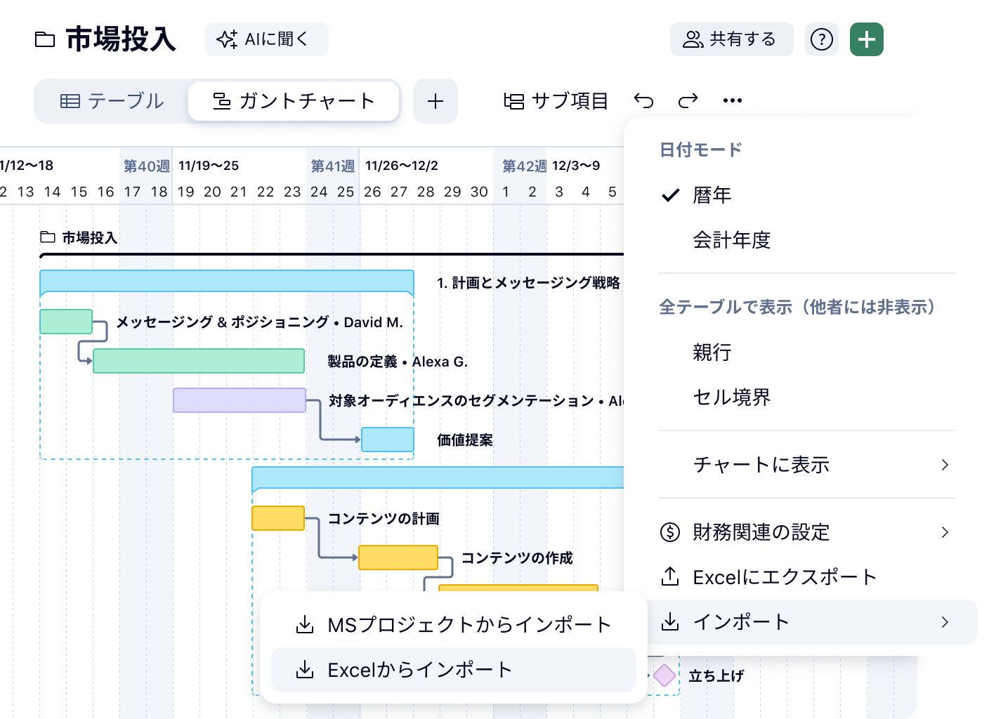 Ganttチャートのインポート・エクスポート画面、タスクとタイムライン表示.