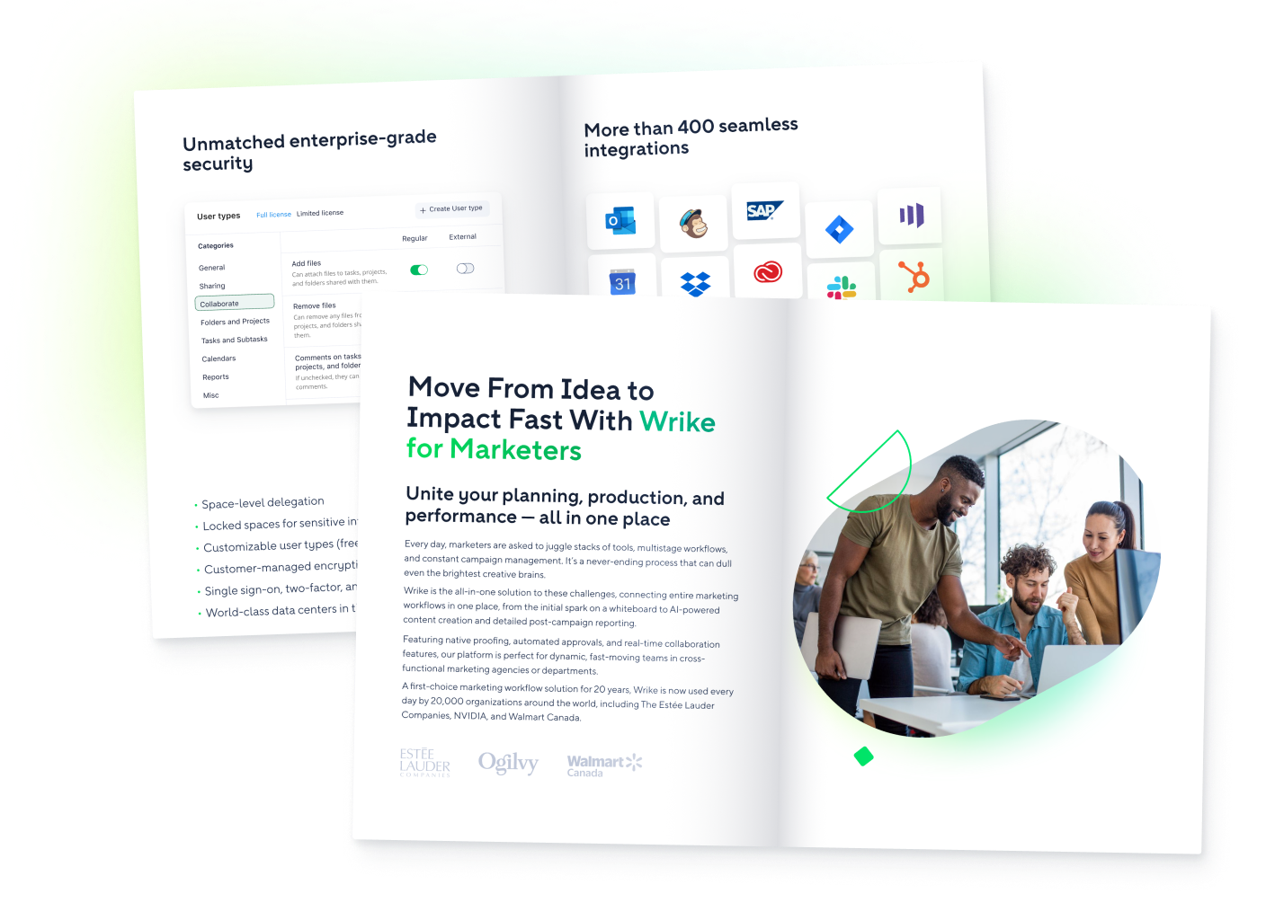 Wrike for marketers dashboard on desktop and mobile displaying marketing workflow tools.