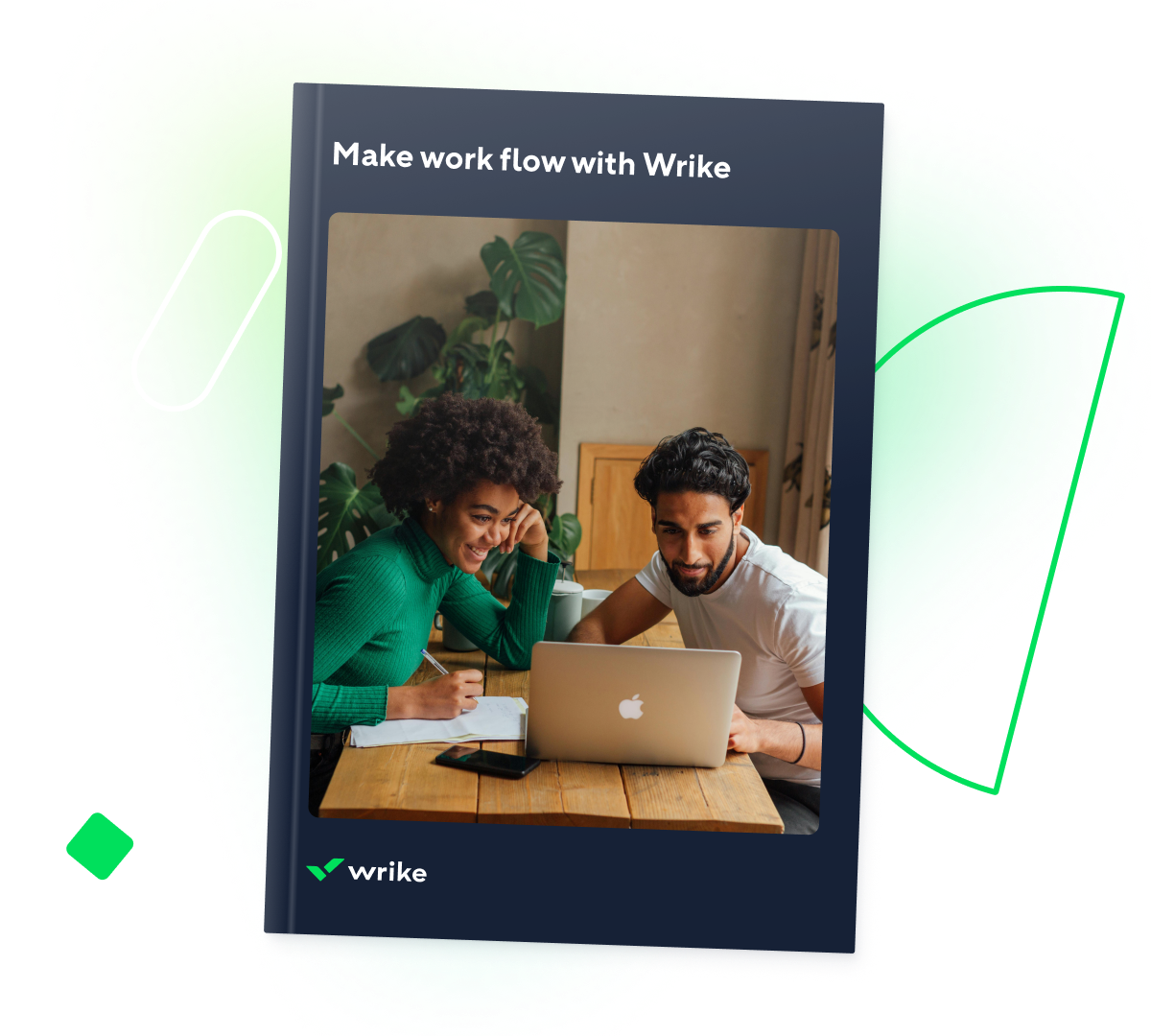 Make Work Flow With Wrike title over blue-green gradient with abstract geometric shapes.