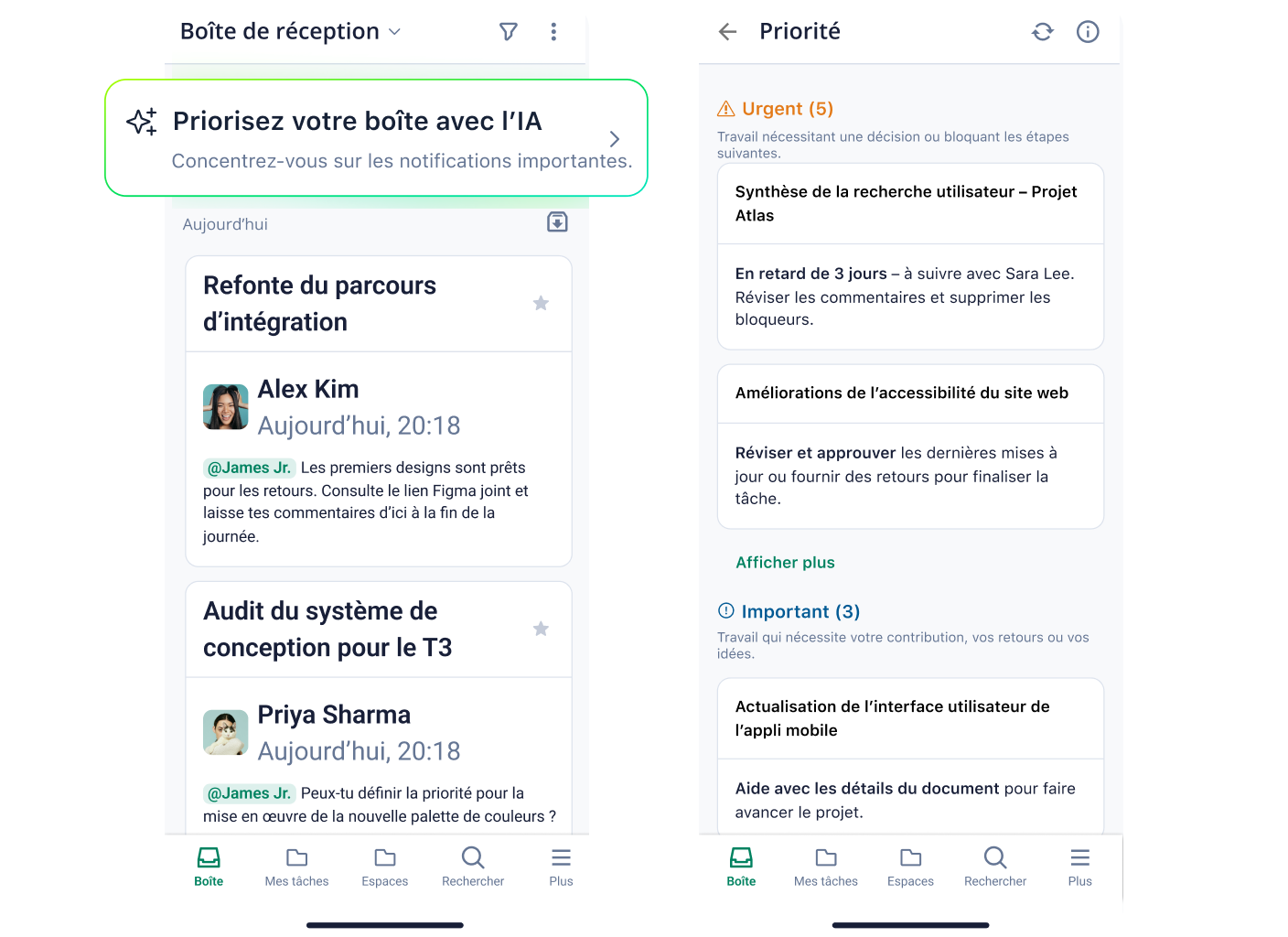 Écran mobile Wrike avec boîte de réception prioritaire AI affichant trois tâches.