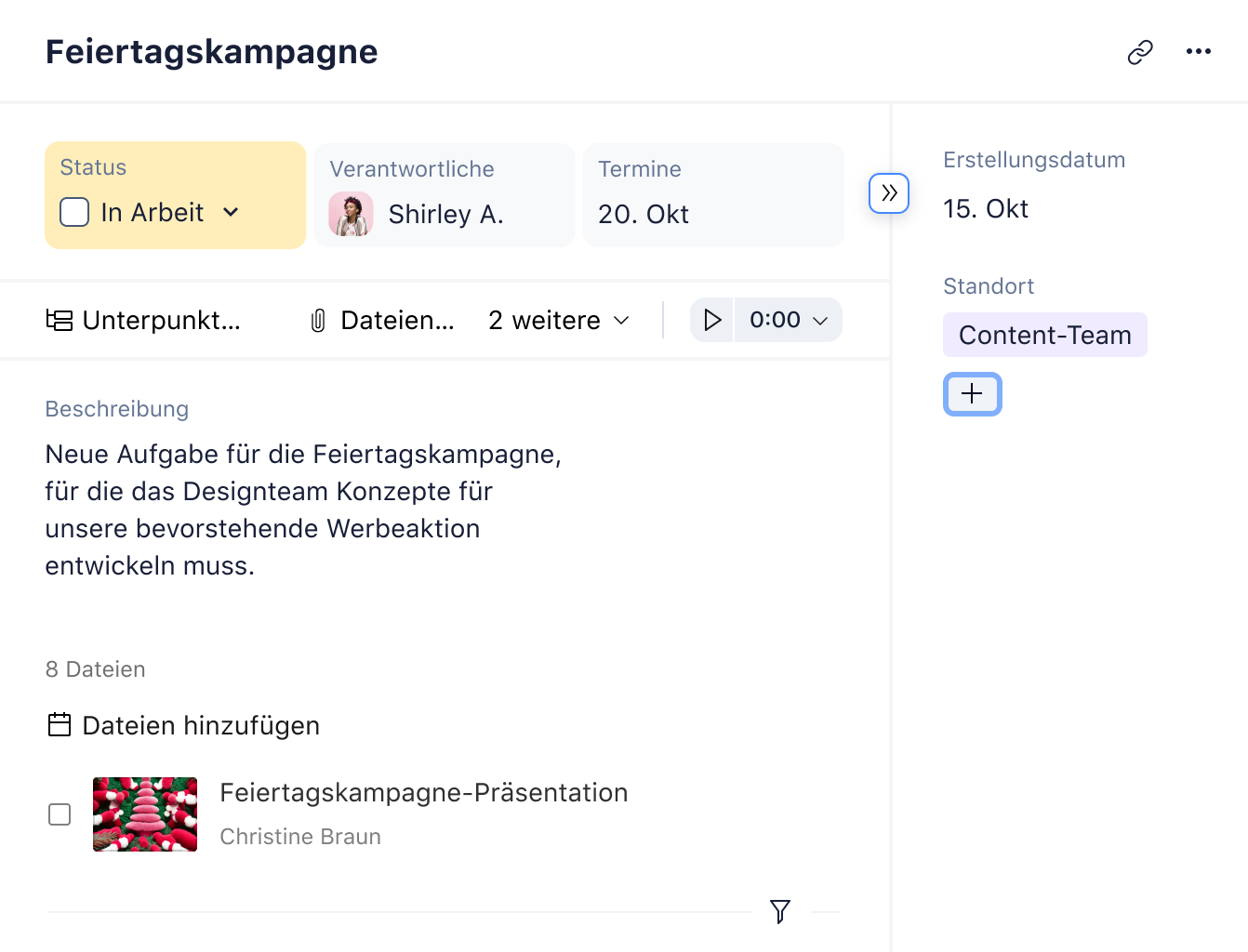 Wrike-Dashboard mit Cross-Tagging markierter Aufgaben für Holiday Campaign, Website und DE.