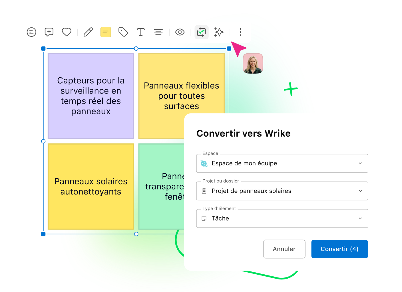Tableau de bord Klaxoon Lancement de projet avec tâches, calendrier et indicateurs.
