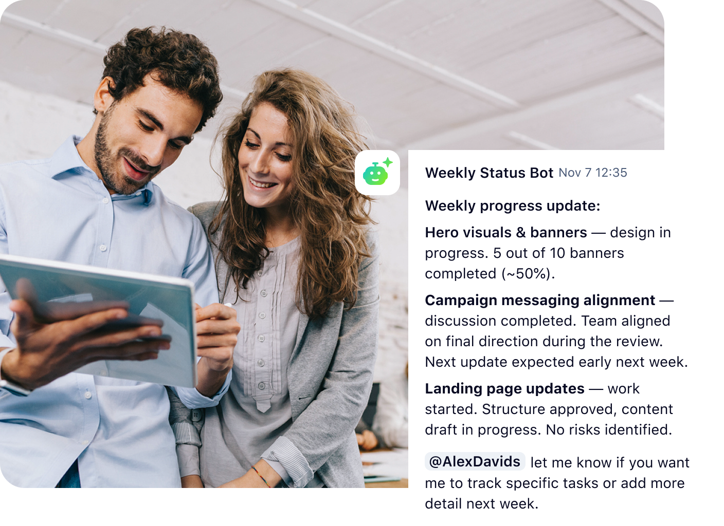 Wrike AI Agents panel displaying Status Bot chat with project status updates.