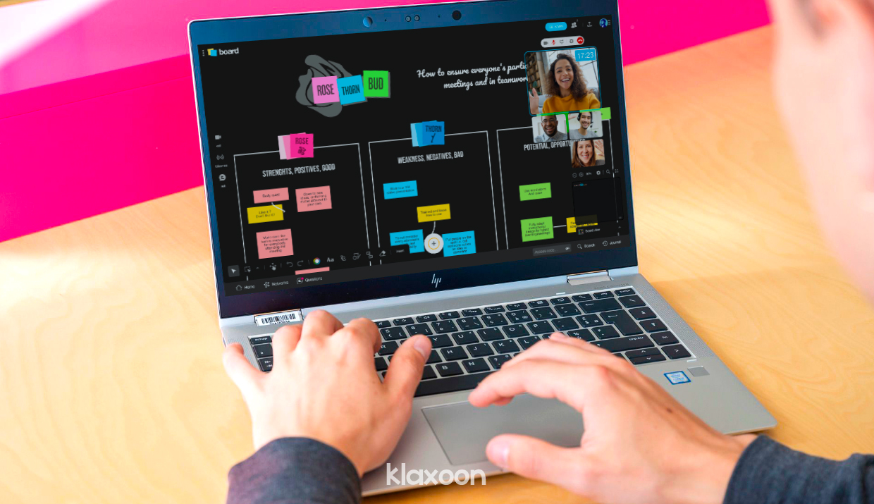 A Board with the ready to use Rose, Thorn, Bud template on a laptop screen | Klaxoon