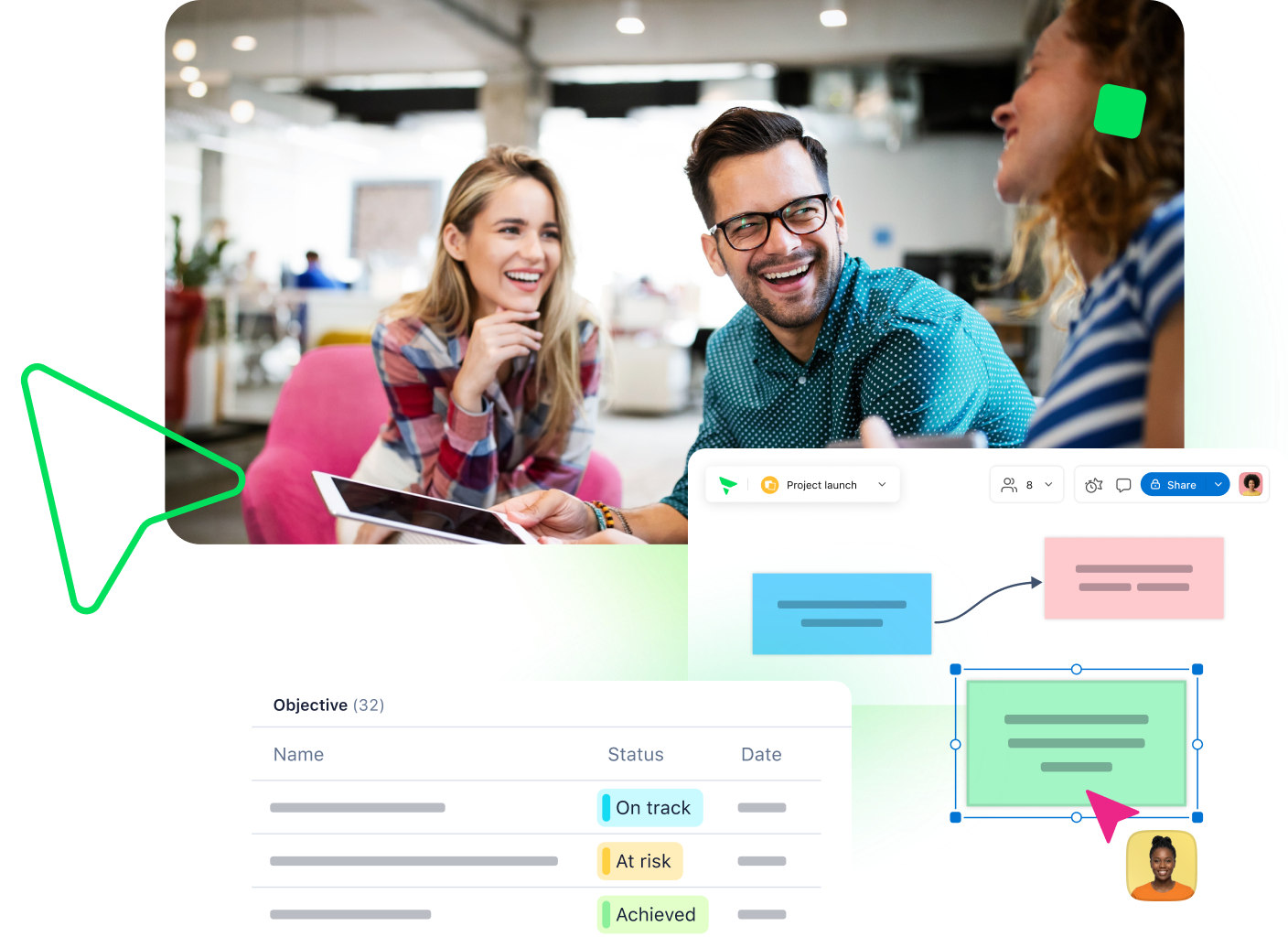 Klaxoon Marketing dashboard with Kanban board, timeline and task cards.