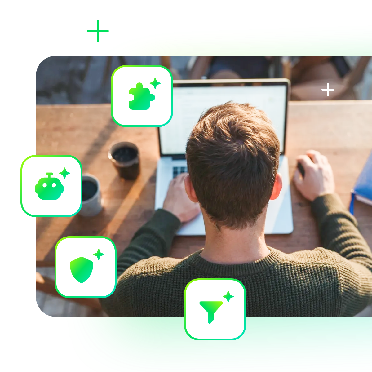 Series of colorful AI agent icons illustrating writing, translation and analytics functions.