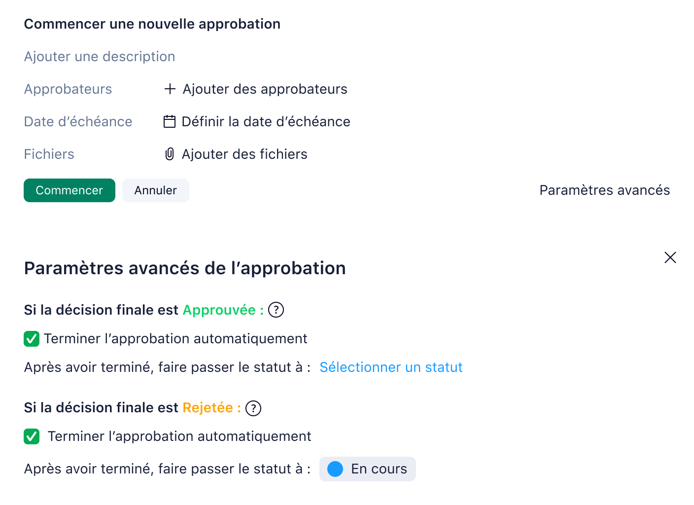 Interface Wrike Approbations montrant file d'attente et statuts.