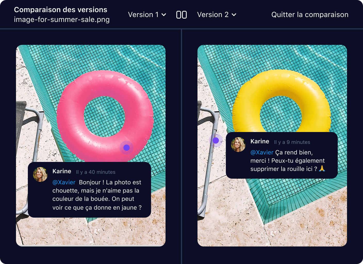 Comparaison de versions de fichier avec annotations et outils de révision.
