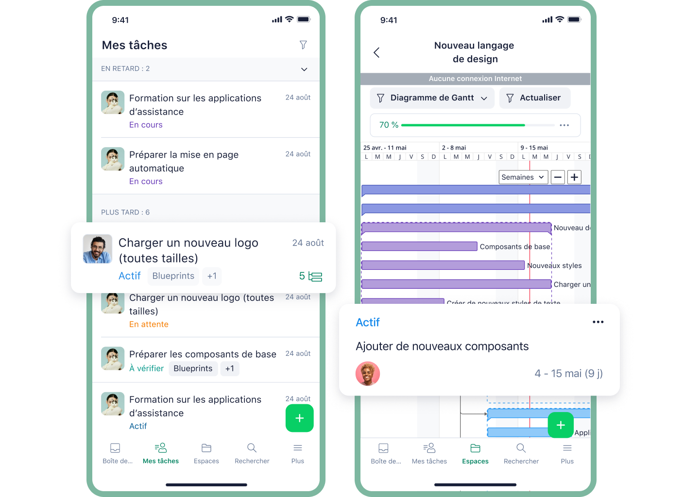 Interface mobile Wrike montrant liste de tâches avec dates d’échéance et icônes de projet.
