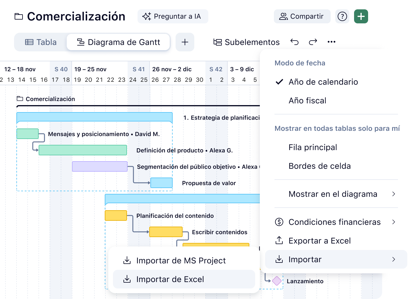 Diagrama de Gantt con barra de tareas y opciones de importación y exportación.