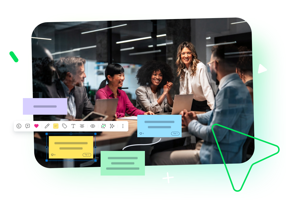 Klaxoon product teams collaboration dashboard with digital sticky notes and charts.