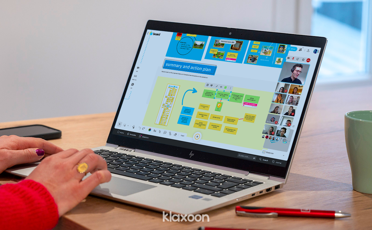 A team running a remote workshop on Board, with videoconfeence and ideation in the same space.