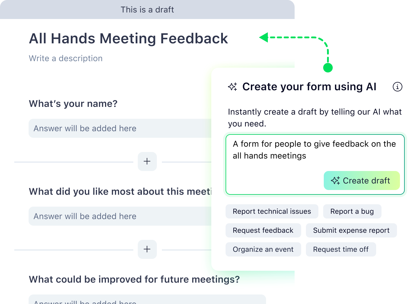 Wrike AI request form interface with fields for requester, project, task title, description.