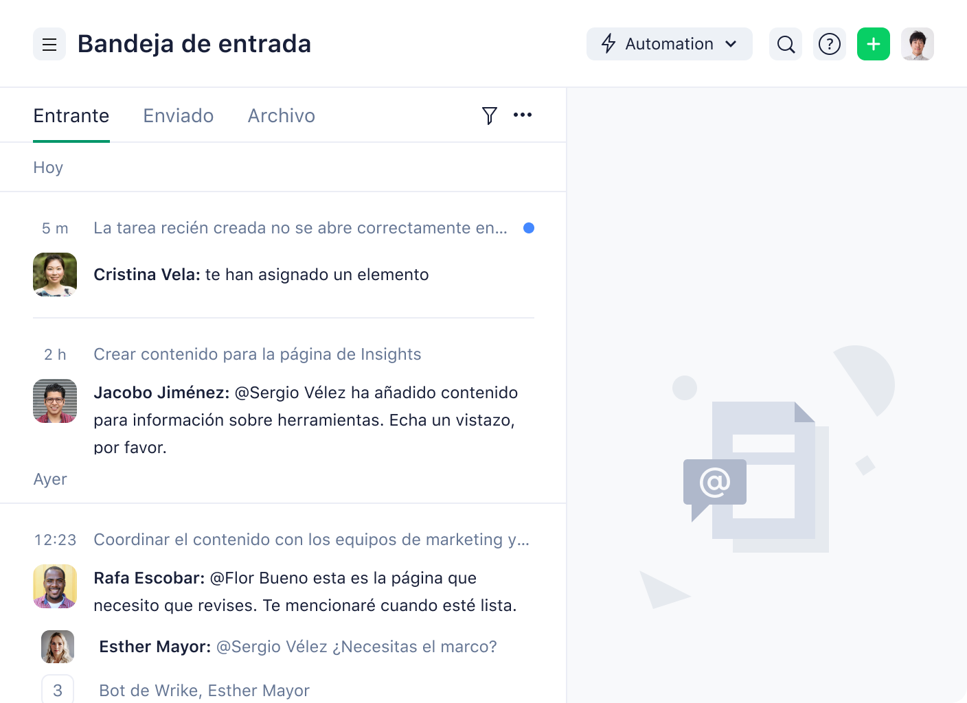 Bandeja de entrada de Wrike con tareas, notificaciones y vista de proyecto.