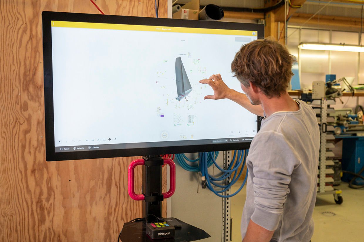 François Gabart brainstorming on a Board that shows a boat design with ideas. | Klaxoon