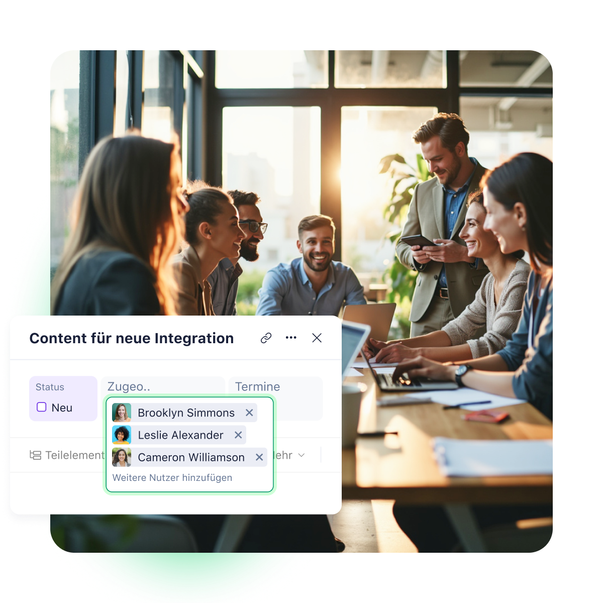 Bento-Layout für Aufgabenverwaltung mit mehreren zugewiesenen Teammitgliedern.