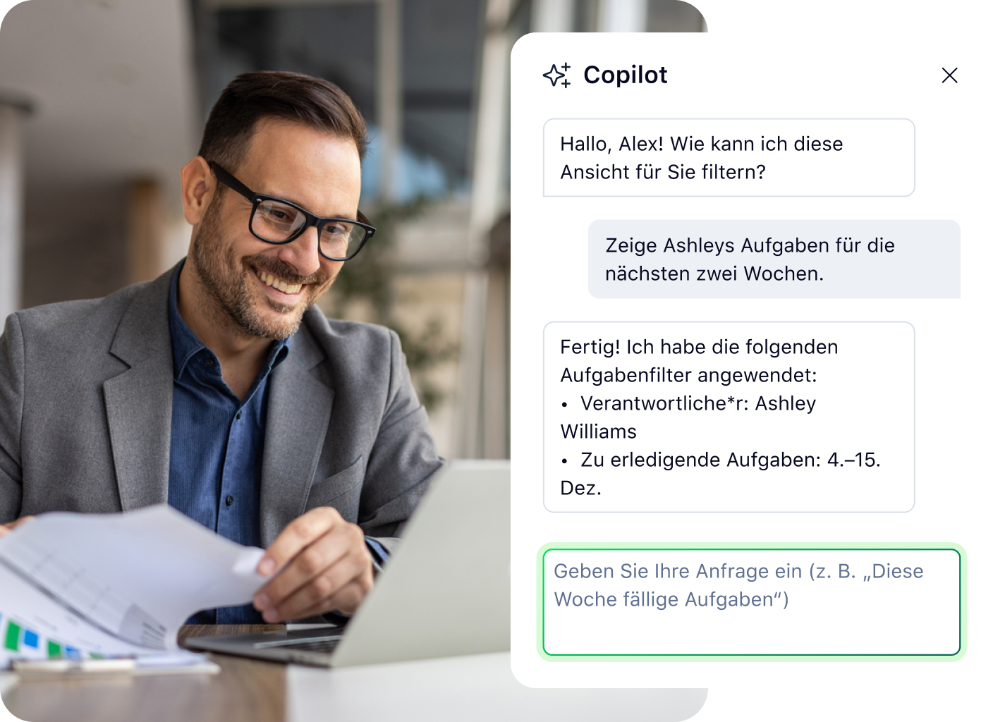 Wrike-Benutzeroberfläche mit Copilot-Ressourcen und Links zu Anleitung, Video und FAQ.