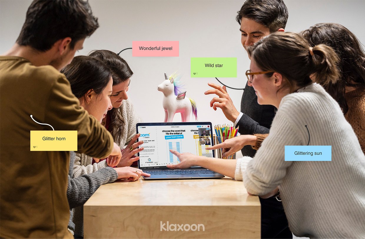 A team gathers around a computer screen and a unicorn for this icebreaker. | Klaxoon