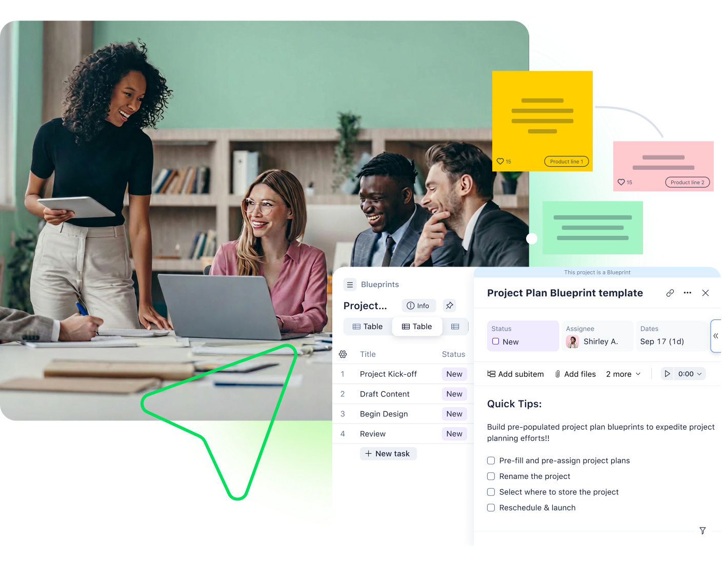 Agile board with colored sticky notes and task columns.