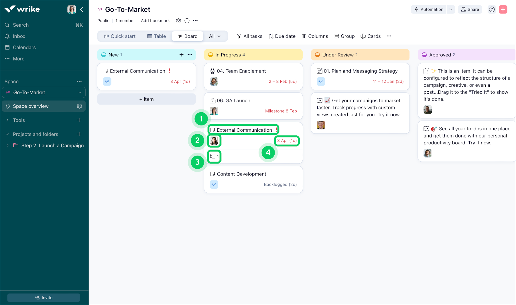 Wrike board view showing kanban columns with task cards in Backlog, In Progress and Completed.